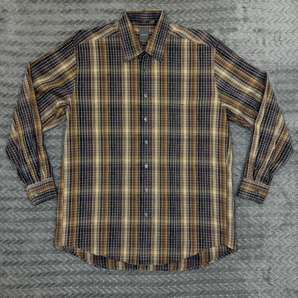 Vtg Haupt Shirt Germany Men Large Brown Check Button Down 16.5